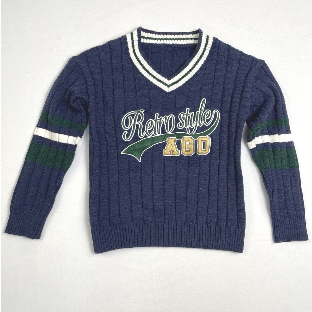 Dazy‎ Y2K Varsity Retro Style Sweater Navy V Neck Ribbed Embroidered Graphic L